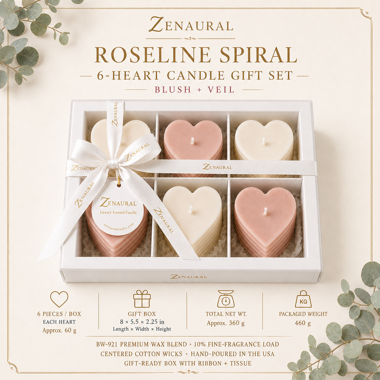Roseline Spiral 6-Heart Candle Gift Set — Nude Blush & Veil