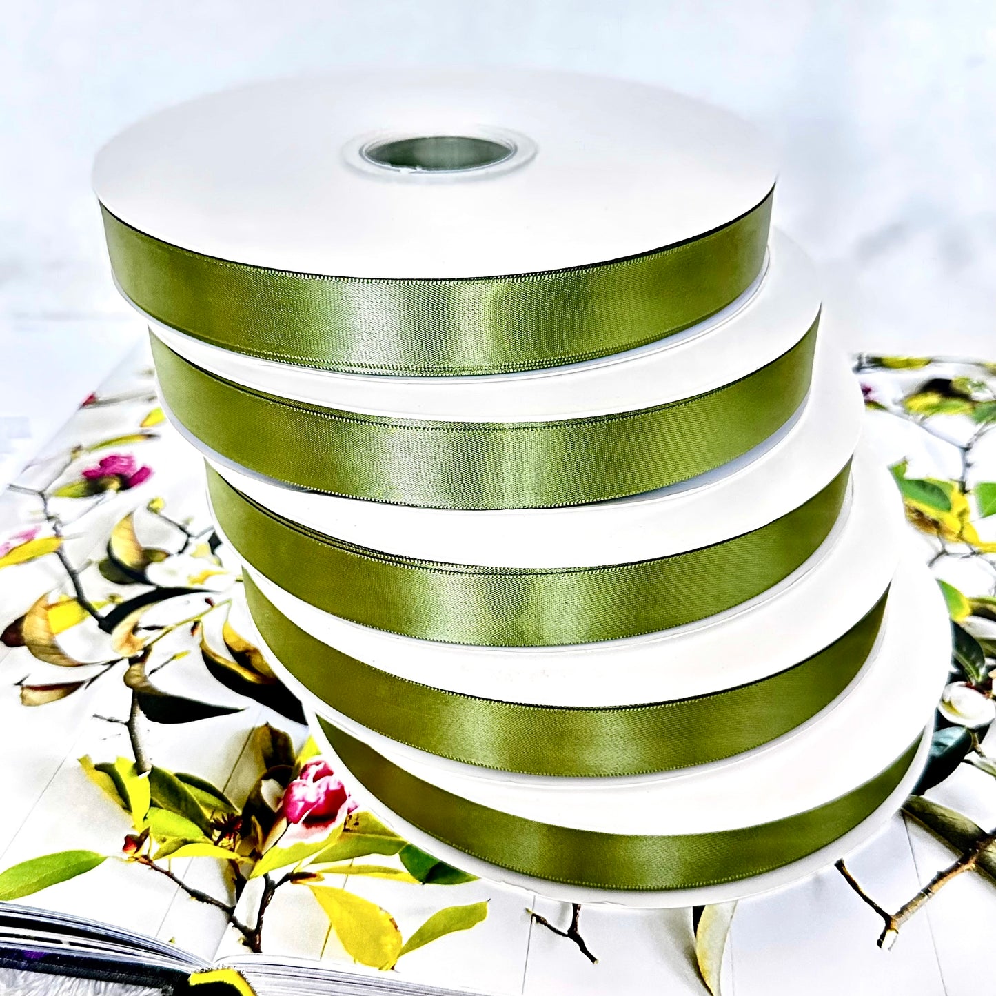 Olive Satin Ribbon — 19 mm, 100 yards/roll