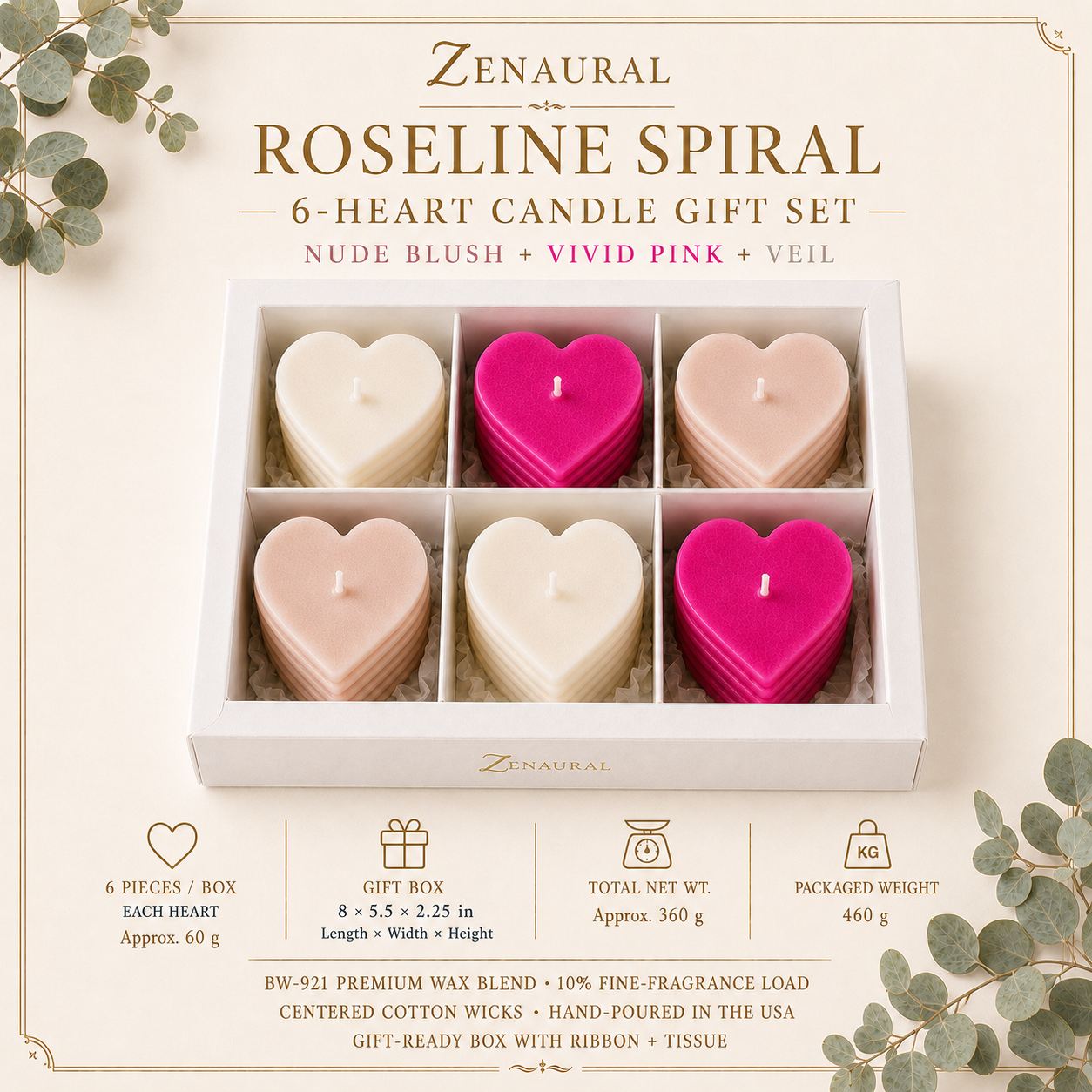 Roseline Spiral 6-Heart Candle Gift Set — Veil · Blush · Vivid