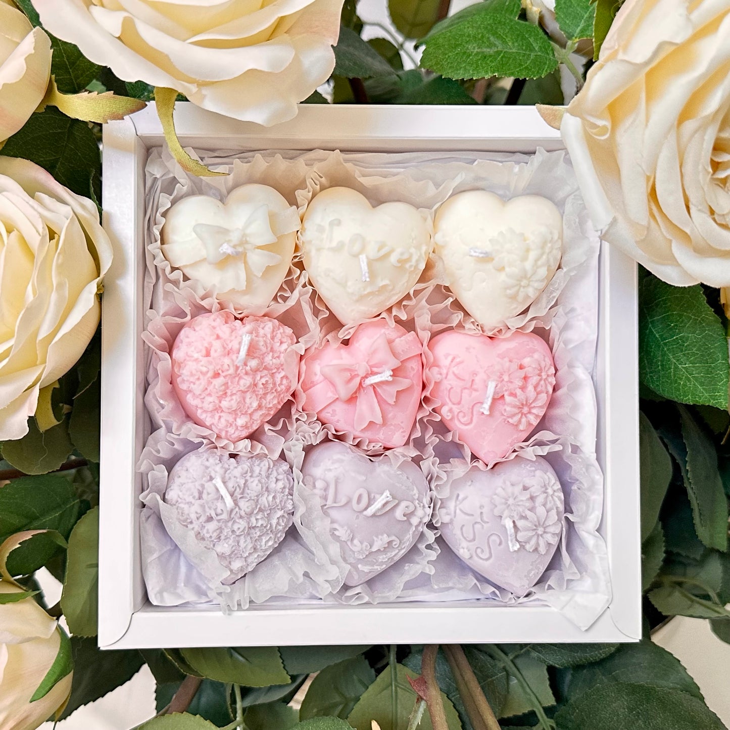 Wick & Melt 9-Heart Gift Box — Trio Mix (Pink • White • Purple)
