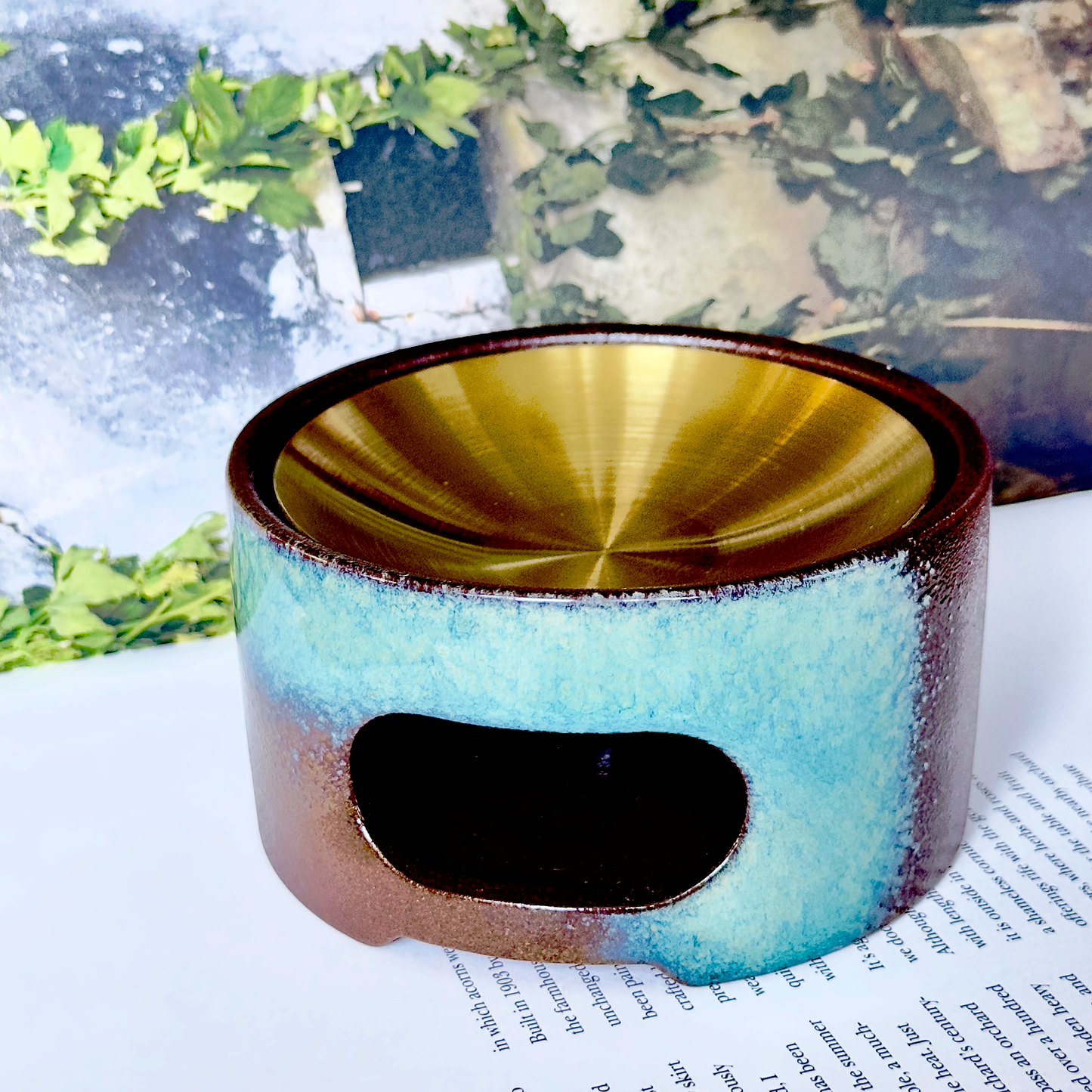 Ceramic Wax & Oil Burner — Low Profile Blue Glaze with Brushed Stainless-Steel Plate