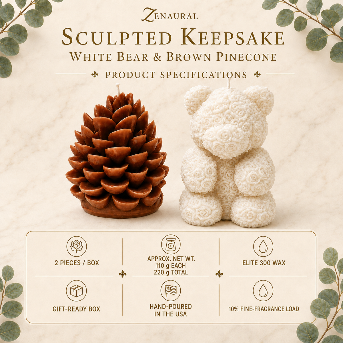 Sculpted Keepsake — White Bear & Brown Pinecone Set
