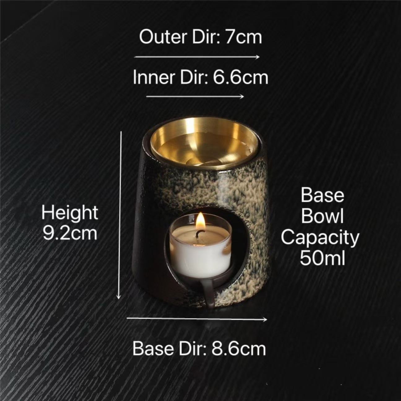 Ceramic Wax & Oil Burner — Gold Tower with Brass Bowl