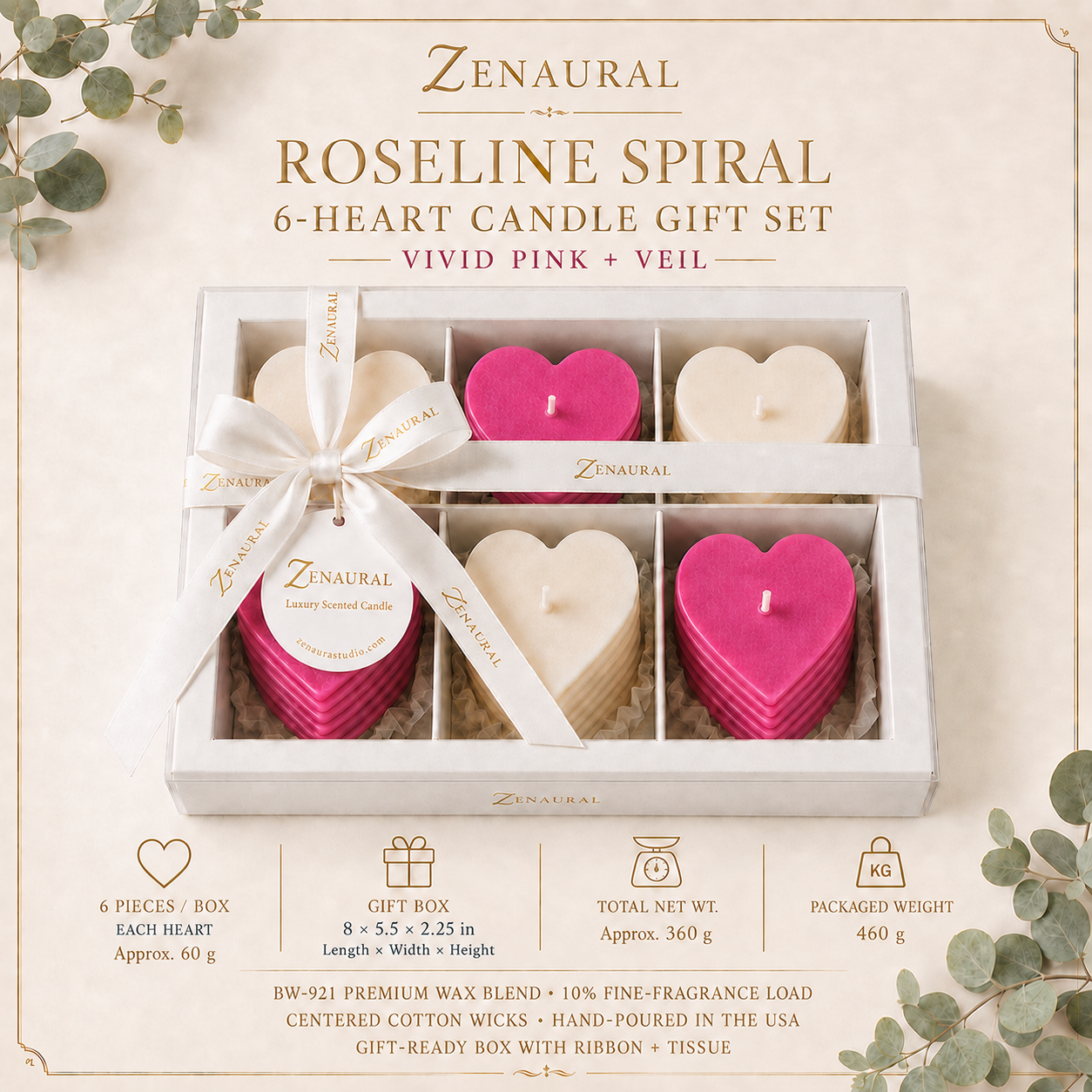 Roseline Spiral 6-Heart Candle Gift Set — Vivid Pink & Veil