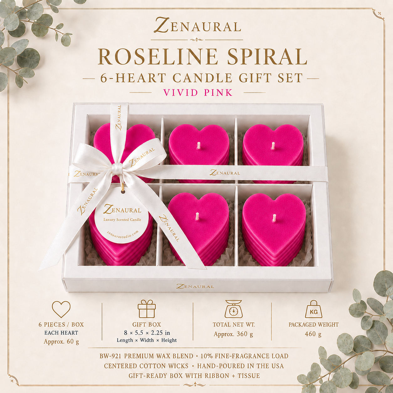 Roseline Spiral 6-Heart Candle Gift Set — Vivid Pink