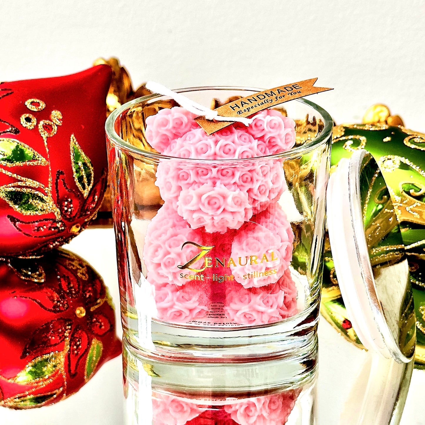 Holiday Candle — Blush Blossom Bear in Glass