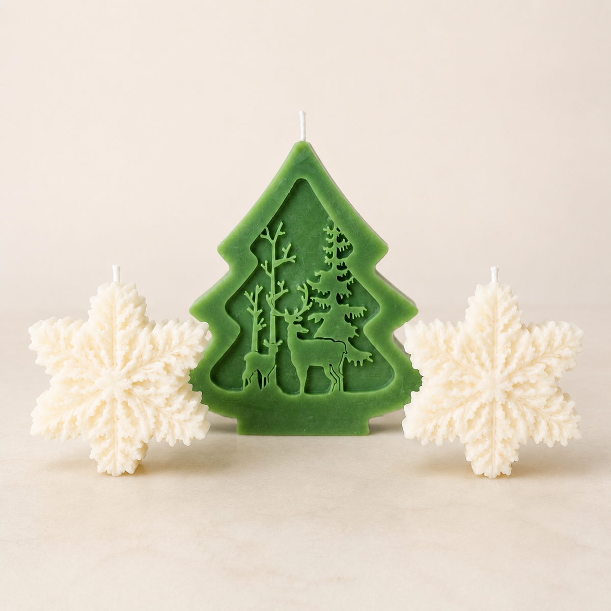 Sculpted Keepsake — Ivory Snowflakes & Evergreen Tree