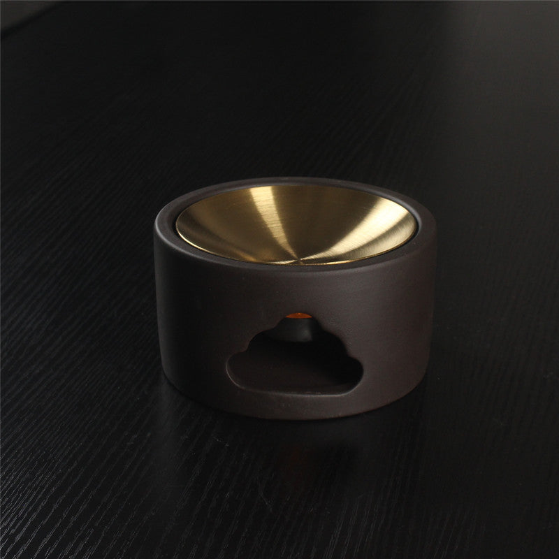 Ceramic Wax & Oil Burner — Low Profile Brown Glaze with Brushed Stainless-Steel Plate
