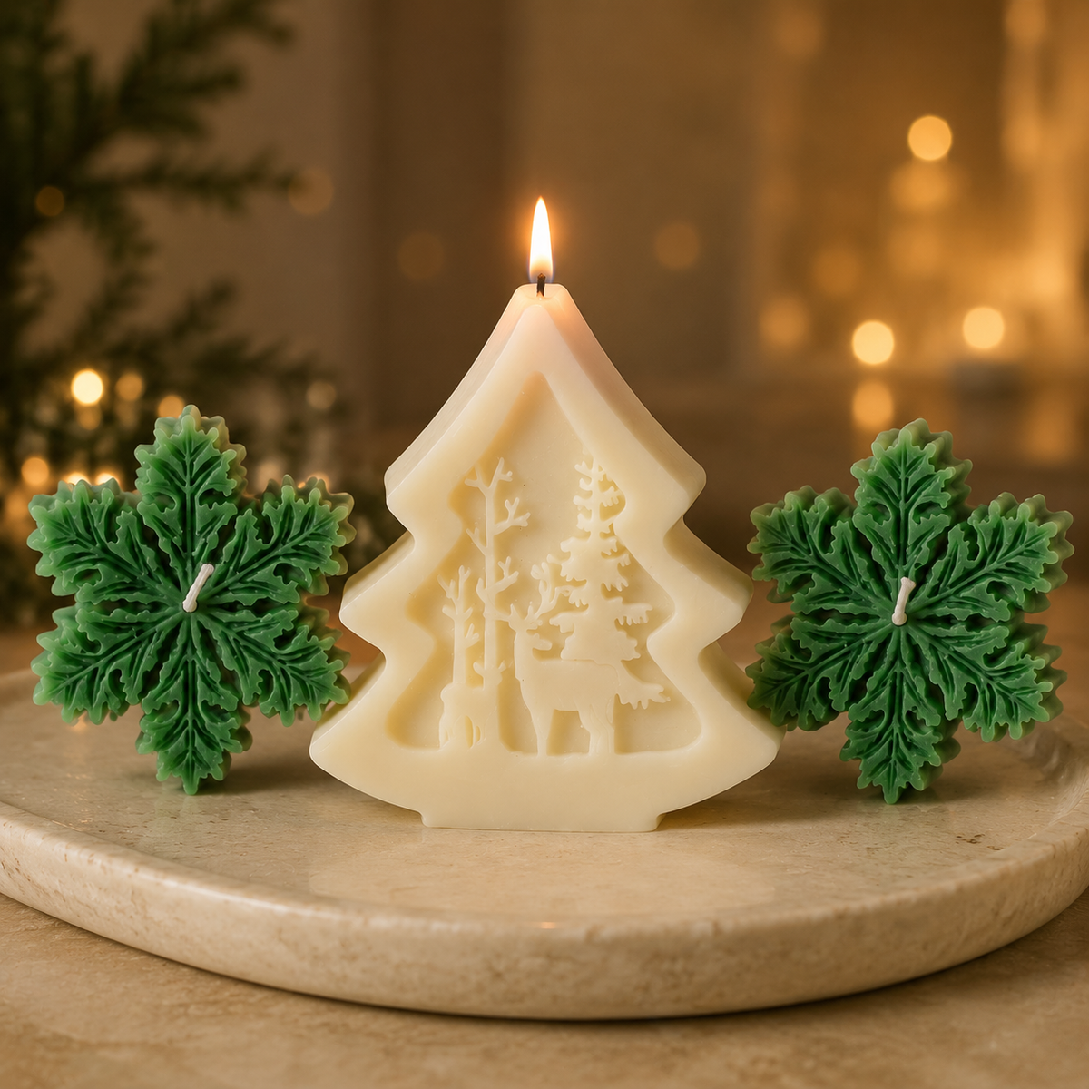 Sculpted Keepsake — Ivory Tree & Evergreen Snowflakes