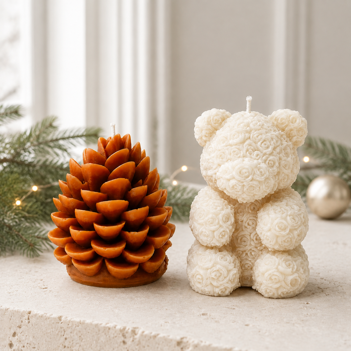 Sculpted Keepsake —  White Bear & Brown Pinecone Set