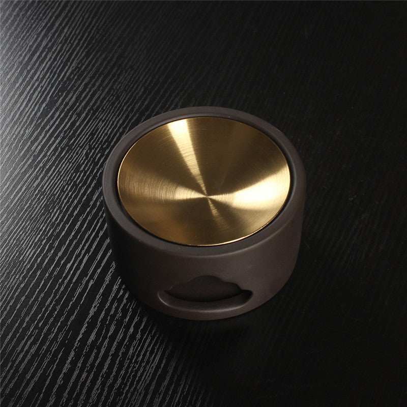 Ceramic Wax & Oil Burner — Low Profile Brown Glaze with Brushed Stainless-Steel Plate