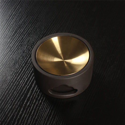 Ceramic Wax & Oil Burner — Low Profile Brown Glaze with Brushed Stainless-Steel Plate