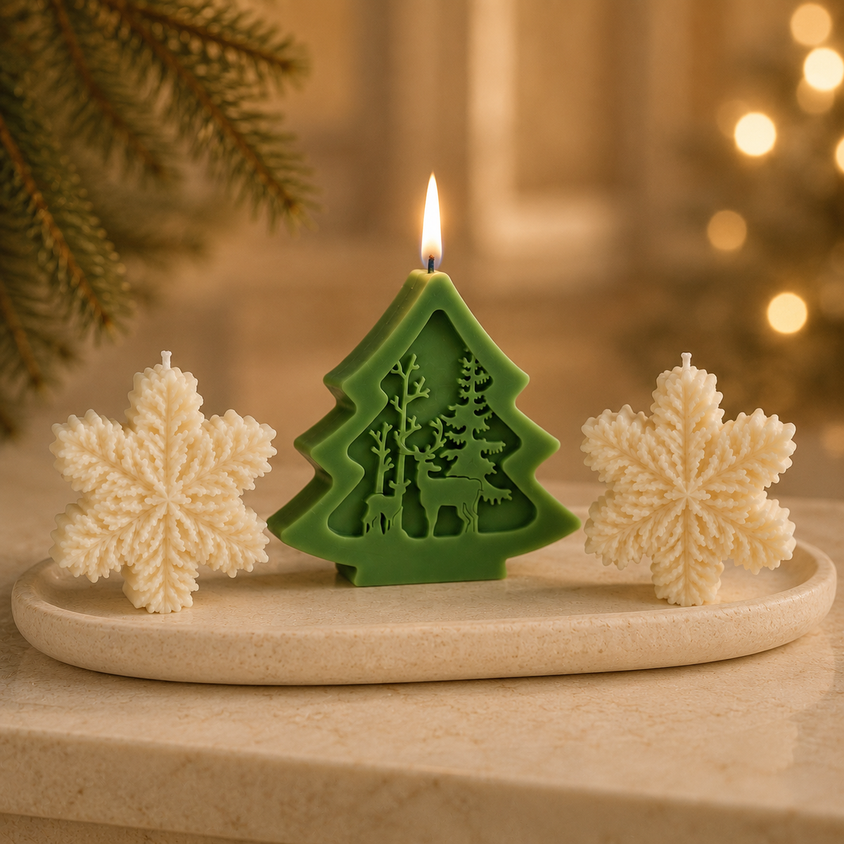 Sculpted Keepsake — Ivory Snowflakes & Evergreen Tree