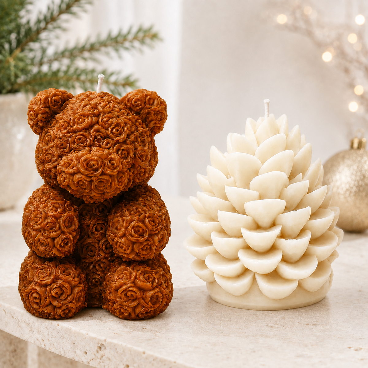 Sculpted Keepsake — Brown Bear & White Pinecone Set
