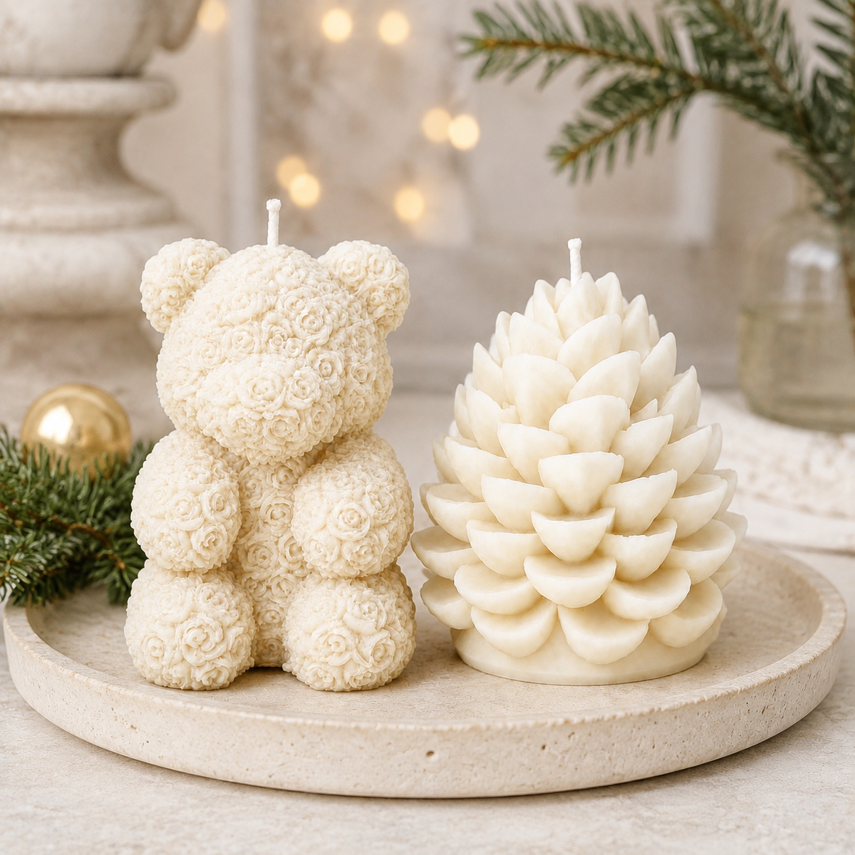 Sculpted Keepsake — White Bear & White Pinecone Set