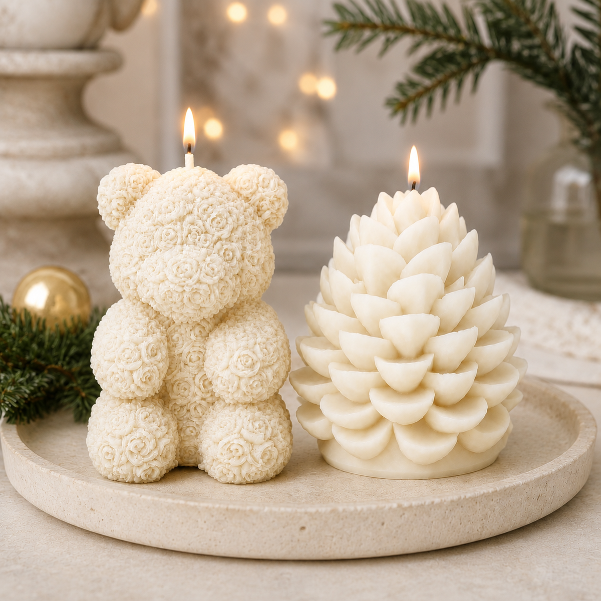 Sculpted Keepsake — White Bear & White Pinecone Set