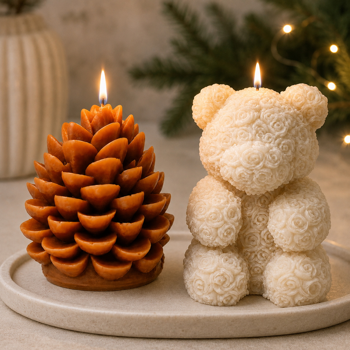 Sculpted Keepsake —  White Bear & Brown Pinecone Set