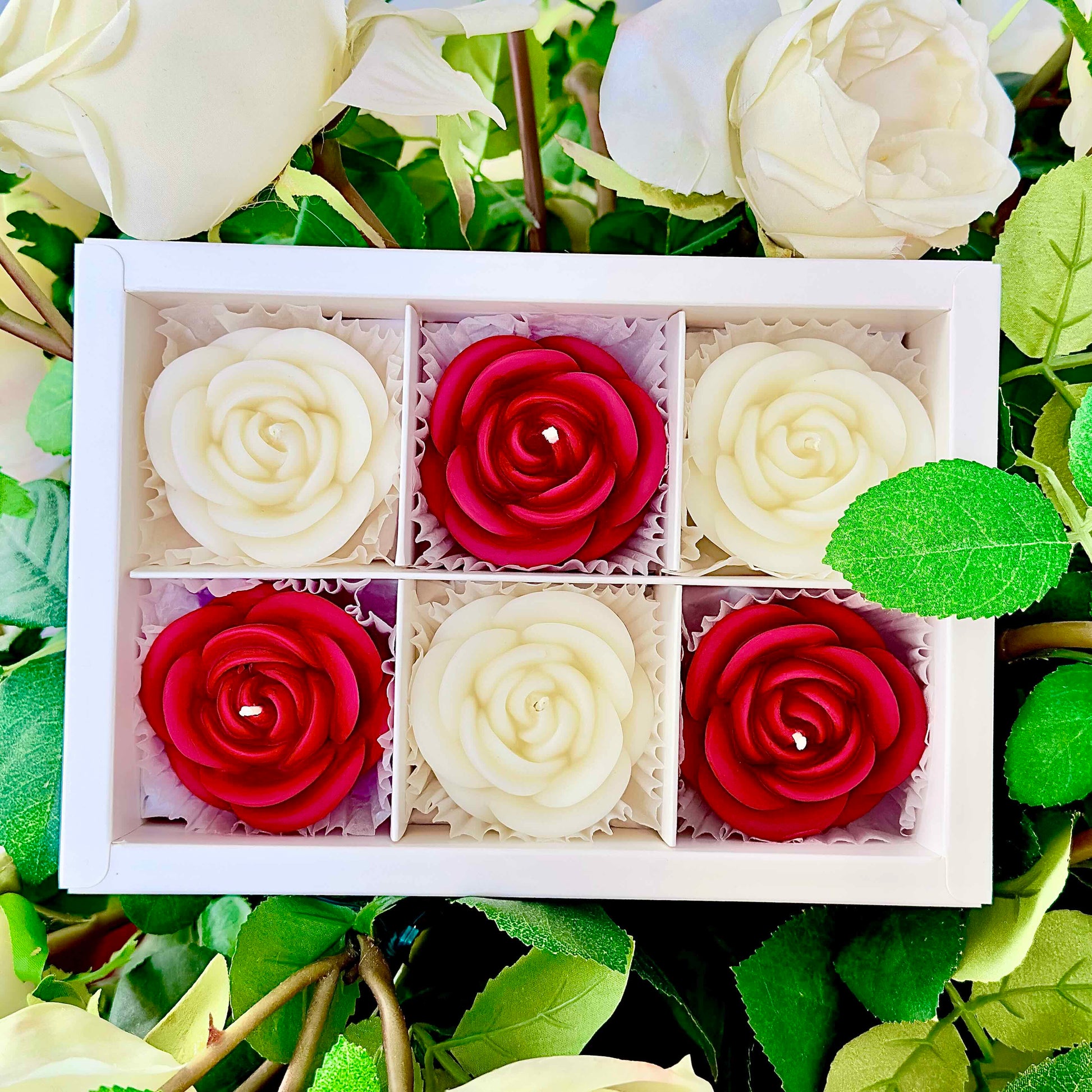 Box of soap roses in red and white on a green leaf background