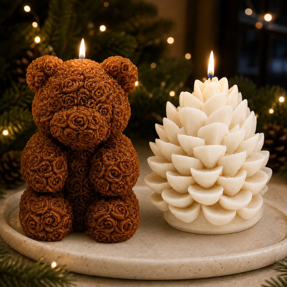 Sculpted Keepsake — Brown Bear & White Pinecone Set