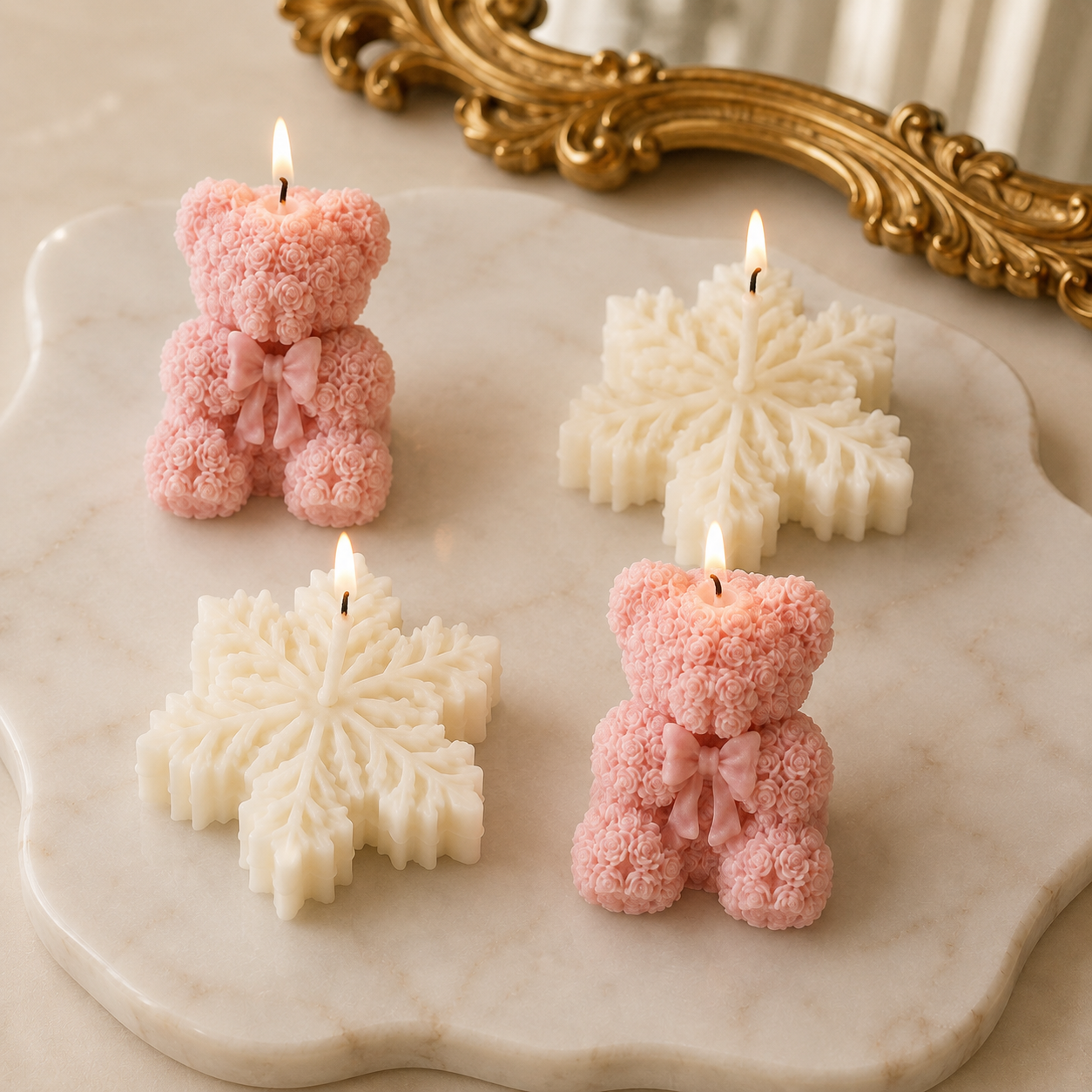 Sculpted Keepsake — Ivory Snowflakes & Pink Bears Gift Set