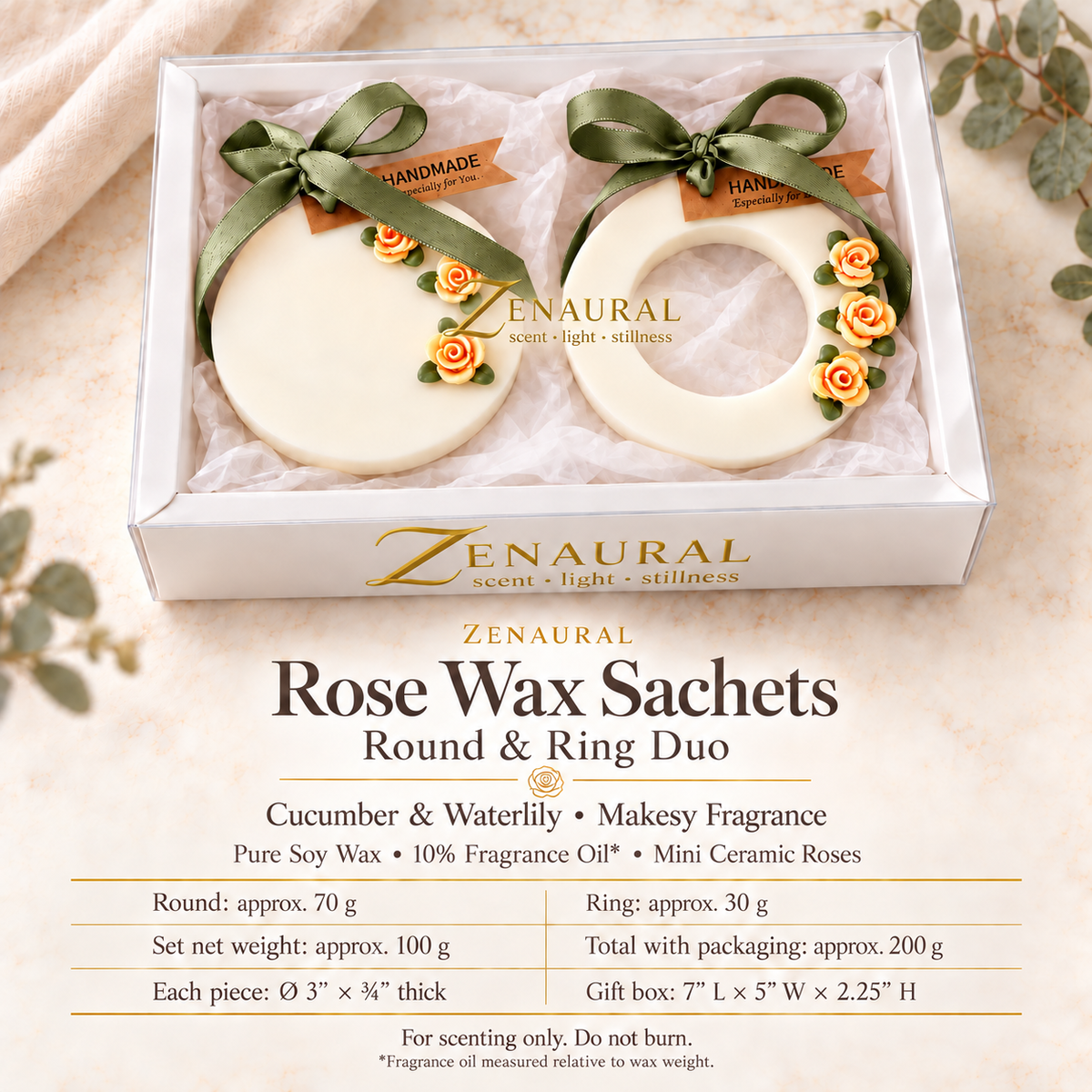 Rose Wax Sachets — Round & Ring Duo — Cucumber & Waterlily