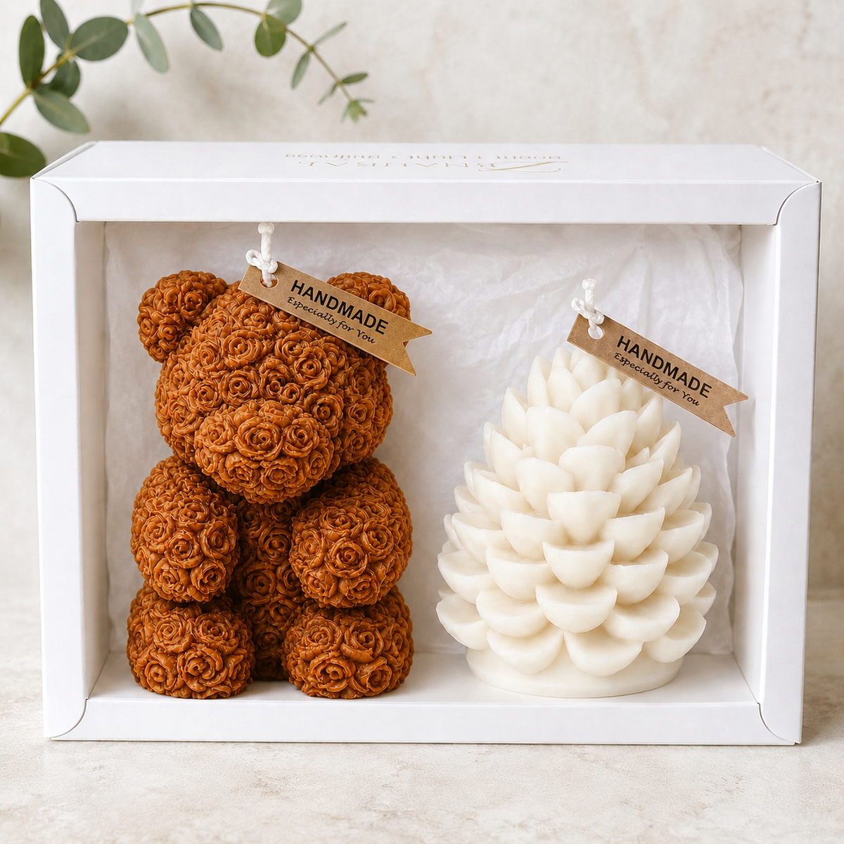 Sculpted Keepsake — Brown Bear & White Pinecone Set