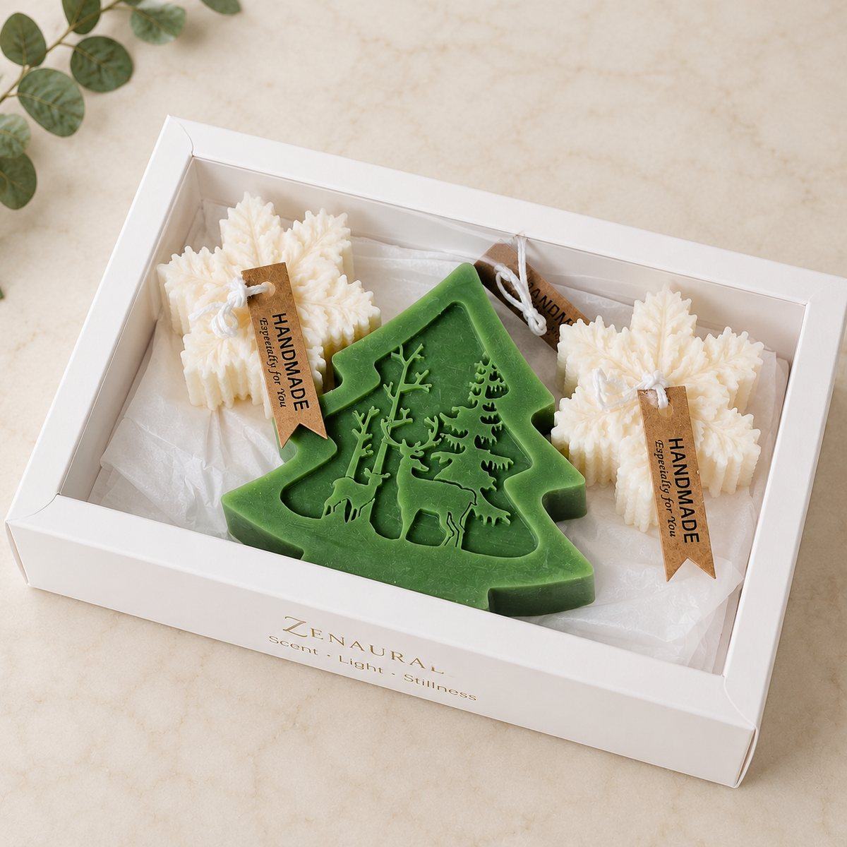 Sculpted Keepsake — Ivory Snowflakes & Evergreen Tree