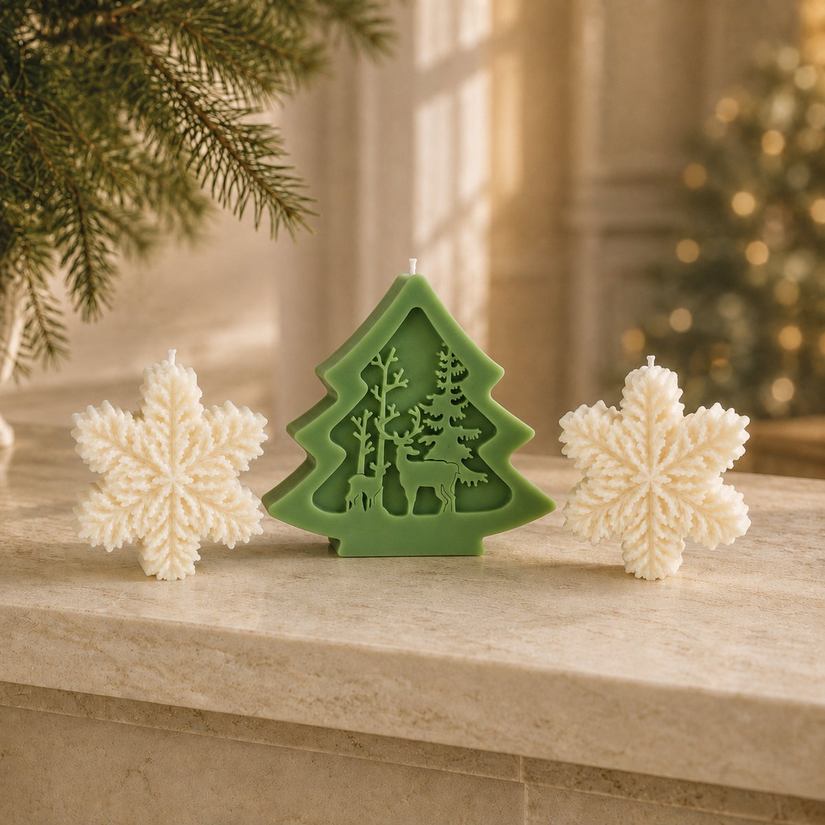 Sculpted Keepsake — Ivory Snowflakes & Evergreen Tree