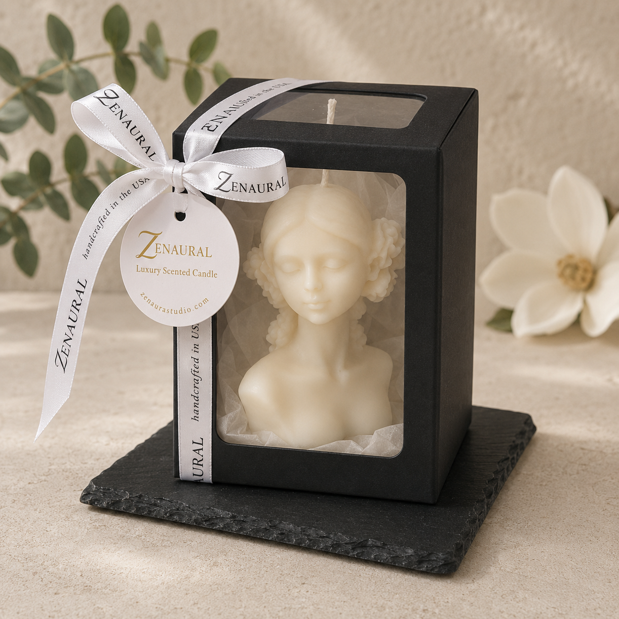 Sculpted Serenity — Magnolia Muse on 4" Black Slate Base