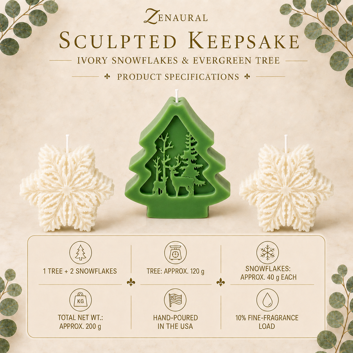 Sculpted Keepsake — Ivory Snowflakes & Evergreen Tree