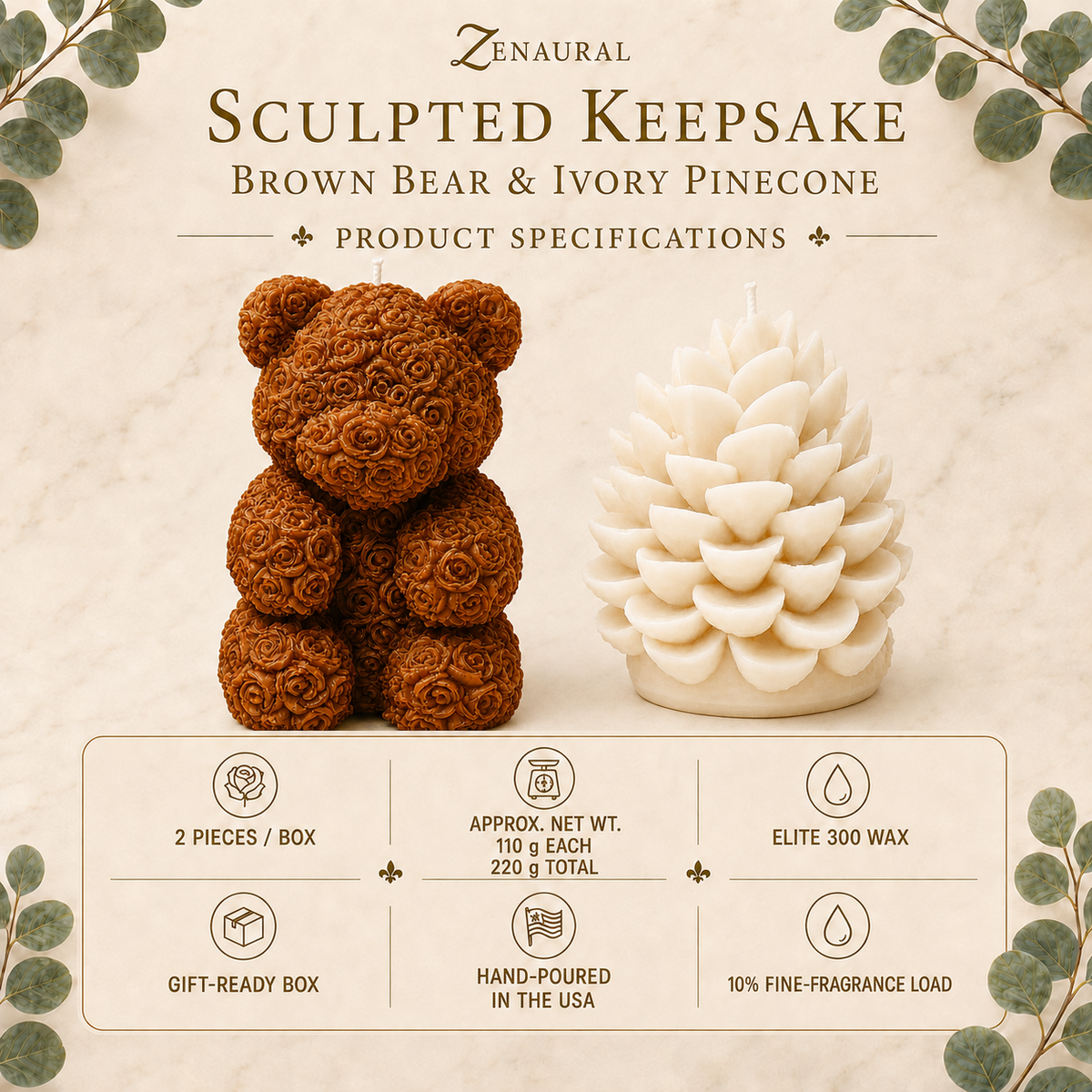 Sculpted Keepsake — Brown Bear & White Pinecone Set