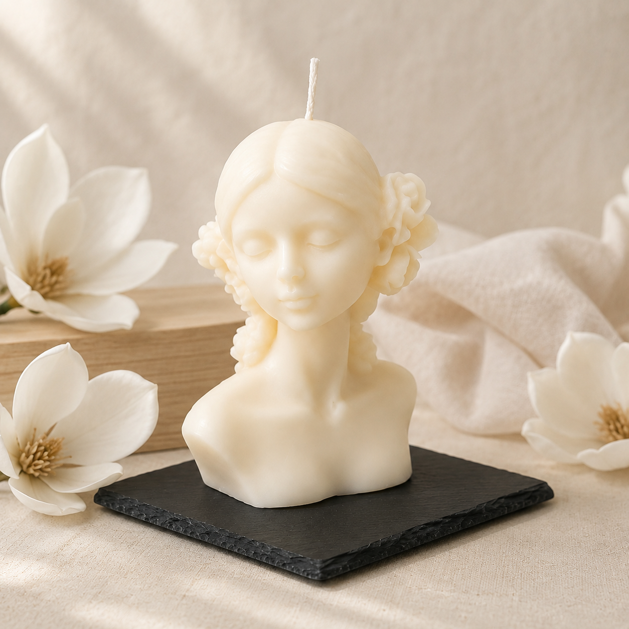Sculpted Serenity — Magnolia Muse on 4" Black Slate Base