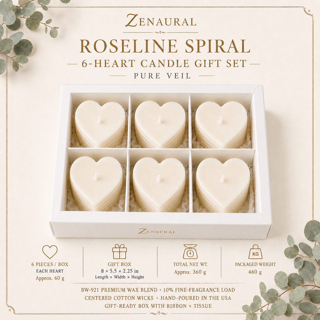 Roseline Spiral 6-Heart Candle Gift Set — Ivory Veil