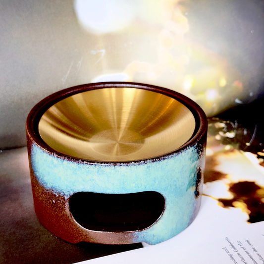 Ceramic Wax & Oil Burner — Low Profile Blue Glaze with Brushed Stainless-Steel Plate