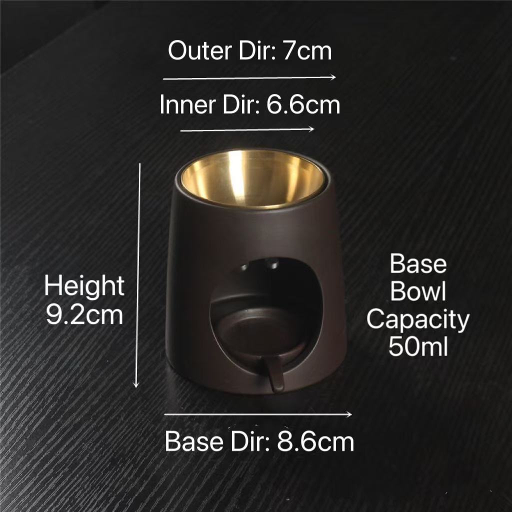 Ceramic Wax & Oil Burner — Brown Tower with Brass Bowl