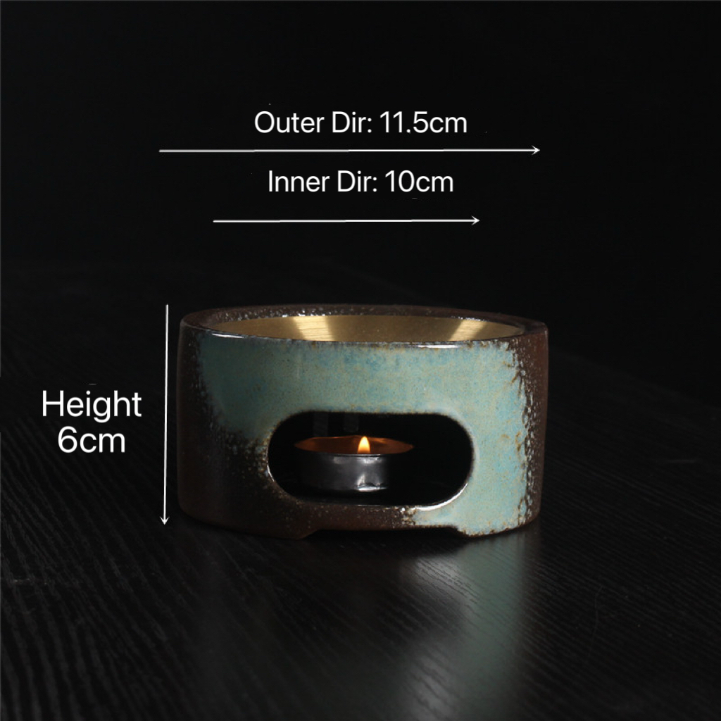 Ceramic Wax & Oil Burner — Low Profile Blue Glaze with Brushed Stainless-Steel Plate